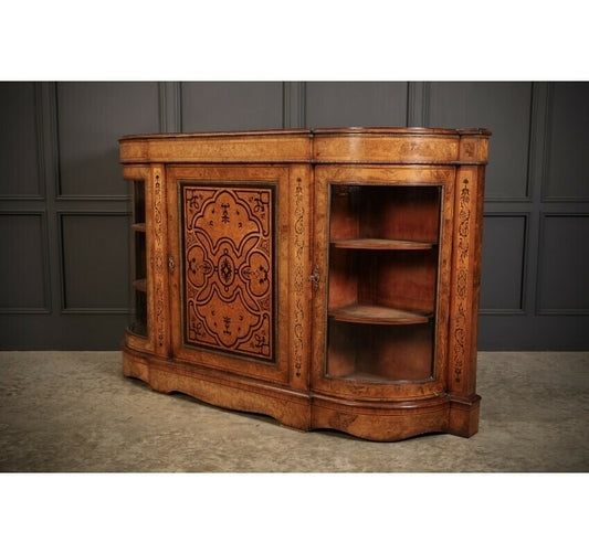 Vintage Victorian Burr Walnut Marquetry Inlaid Credenza