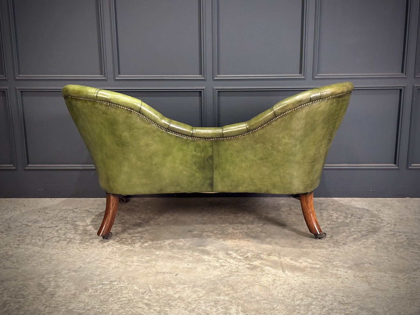 Vintage Victorian Green Buttoned Leather Double Spoon Back Sofa