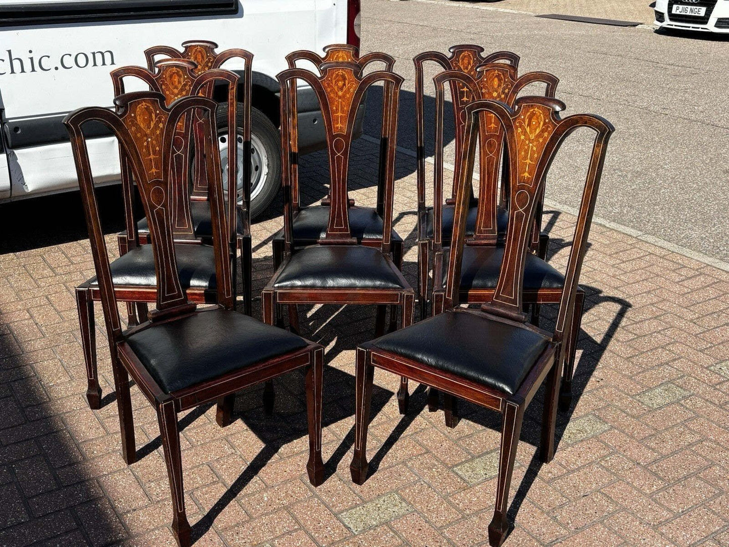 Set of 8 Art Noveau Marquetry Inlaid Mahogany Dining Chairs, New Upholstery.
