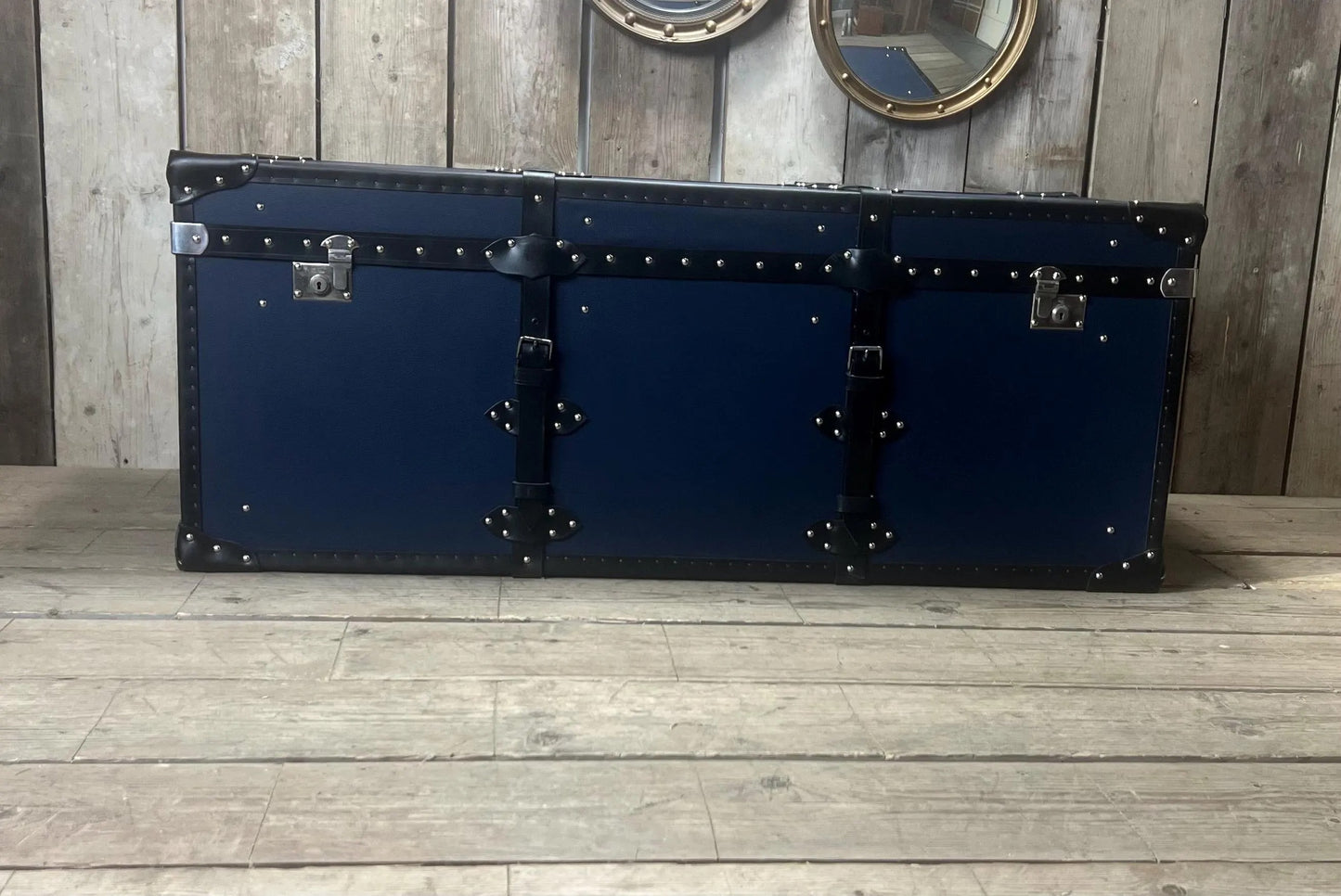 Handmade Leather Blue Ottoman Vintage Storage Chests, Custom Made Furniture