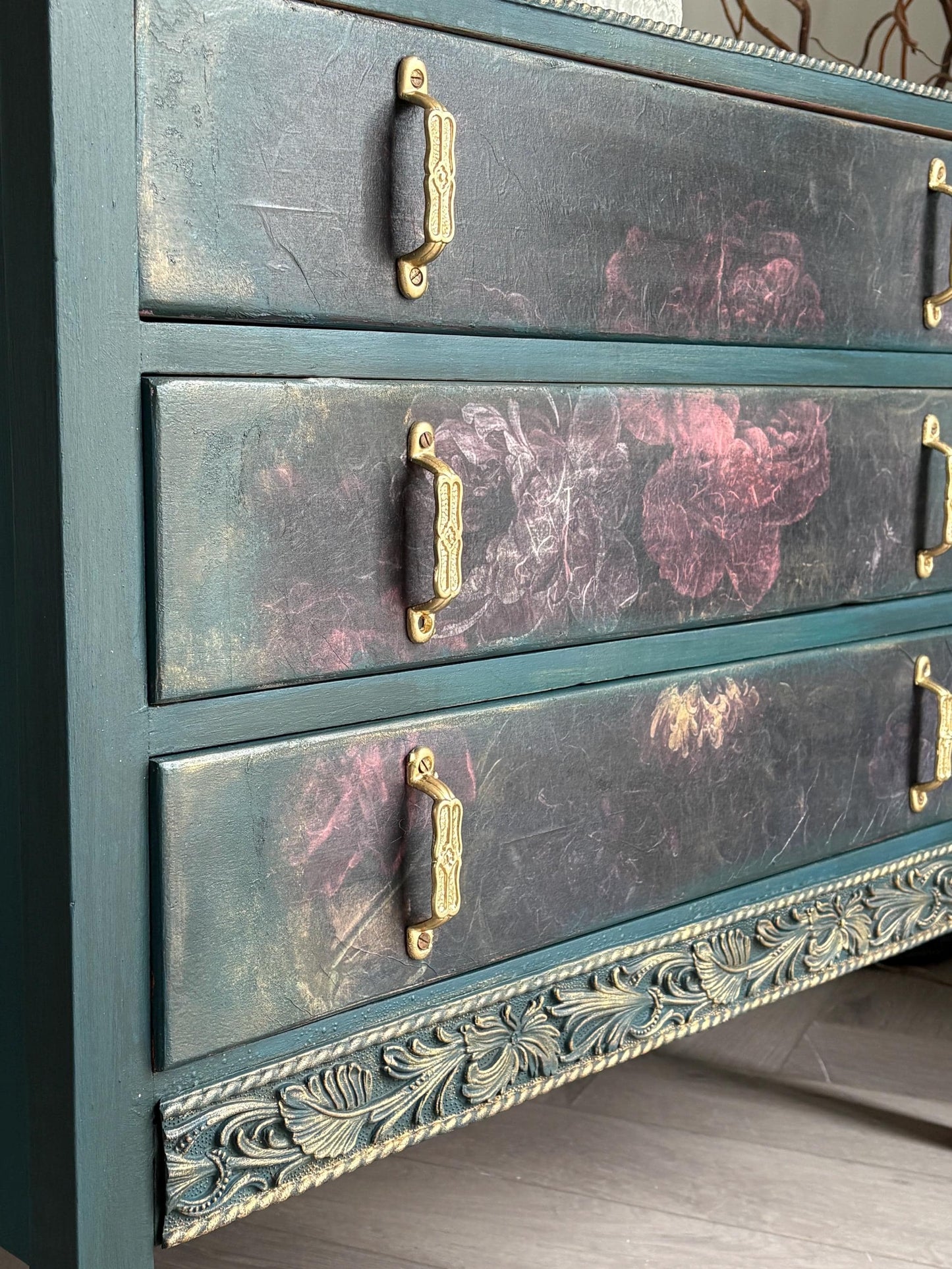 Dark Green and Floral Vintage Oak Chest of Drawers | Hand Painted Dresser