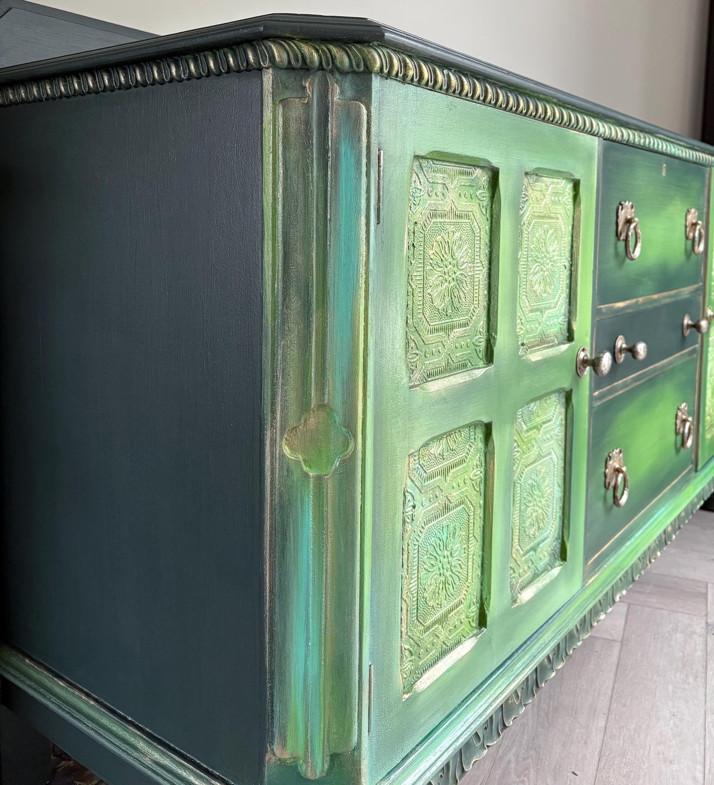 Hand Painted Oak Sideboard | Upcycled Dark Green Storage Vintage Cabinet