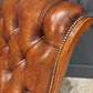 Pair Of Oak & Buttoned Vintage Leather Library Armchairs