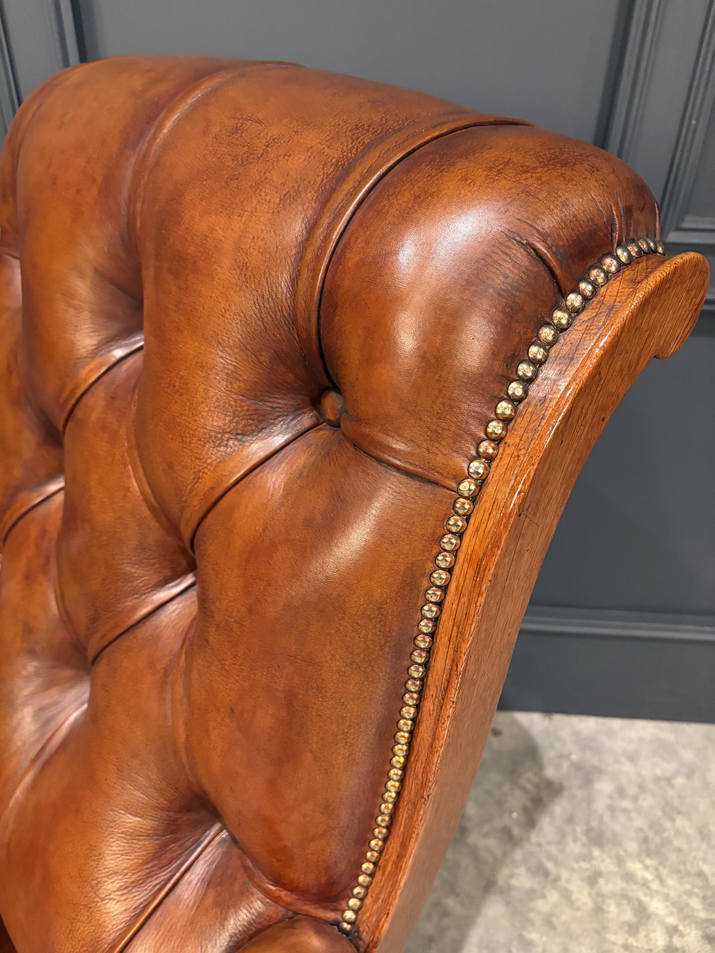 Pair Of Oak & Buttoned Vintage Leather Library Armchairs