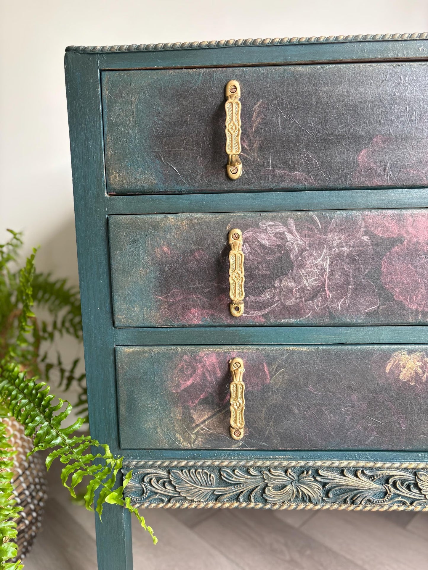 Dark Green and Floral Vintage Oak Chest of Drawers | Hand Painted Dresser