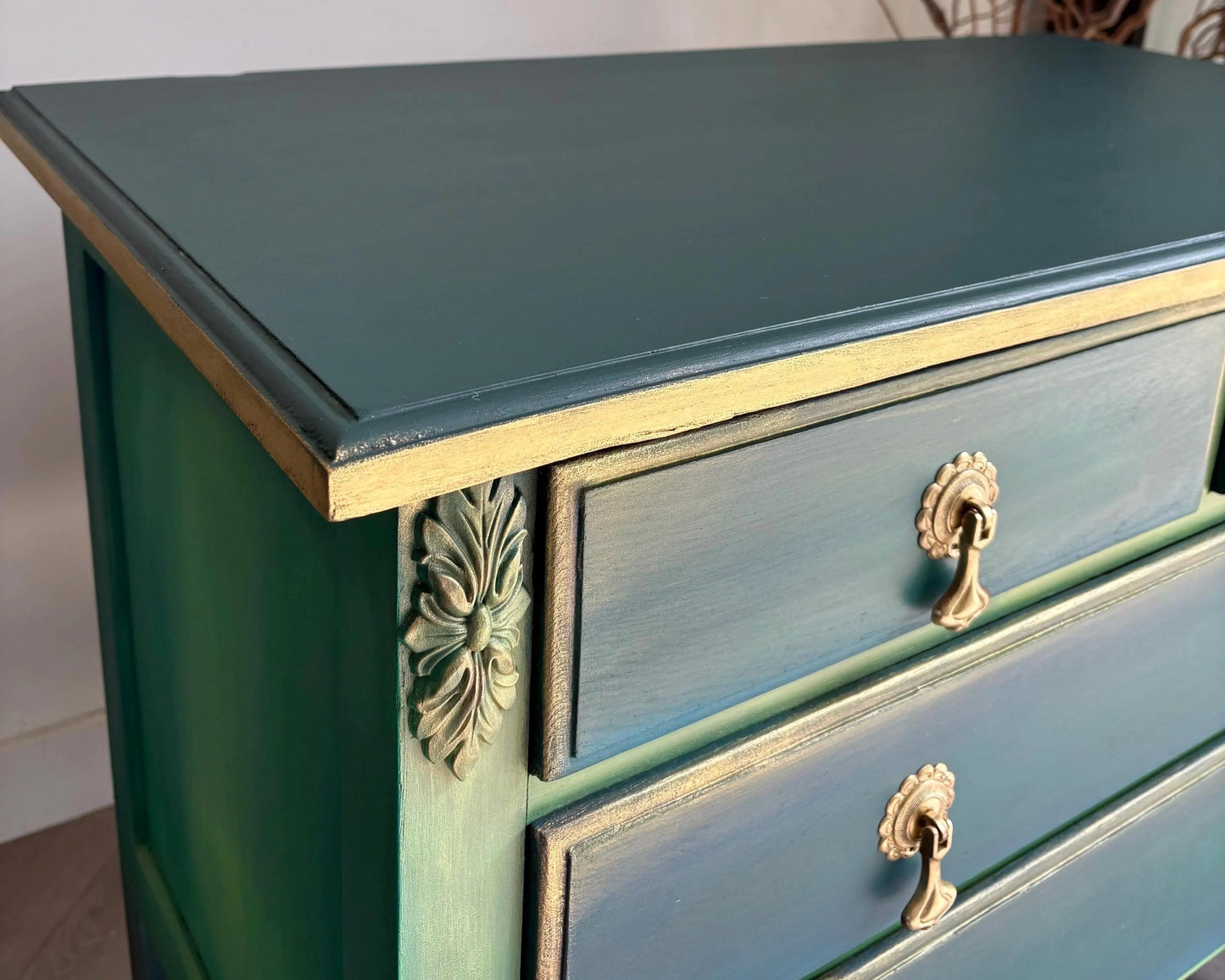 Teal Green Vintage Hand Painted Chest of Drawers | 1930s Oak Dresser | Upcycled Statement Furniture
