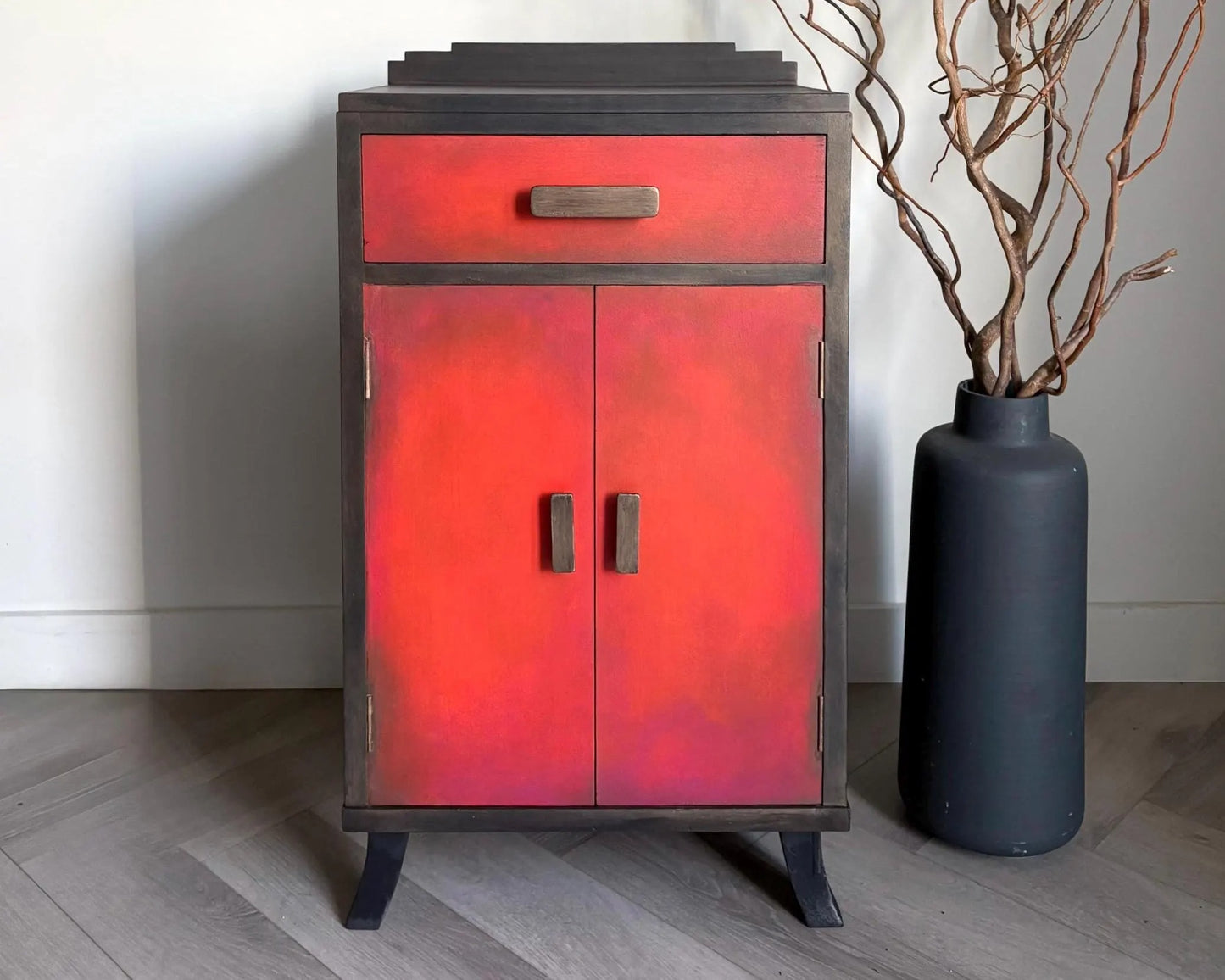Red & Bronze Art Deco Cabinet | Hand Painted Storage Cupboard | Delivery Included