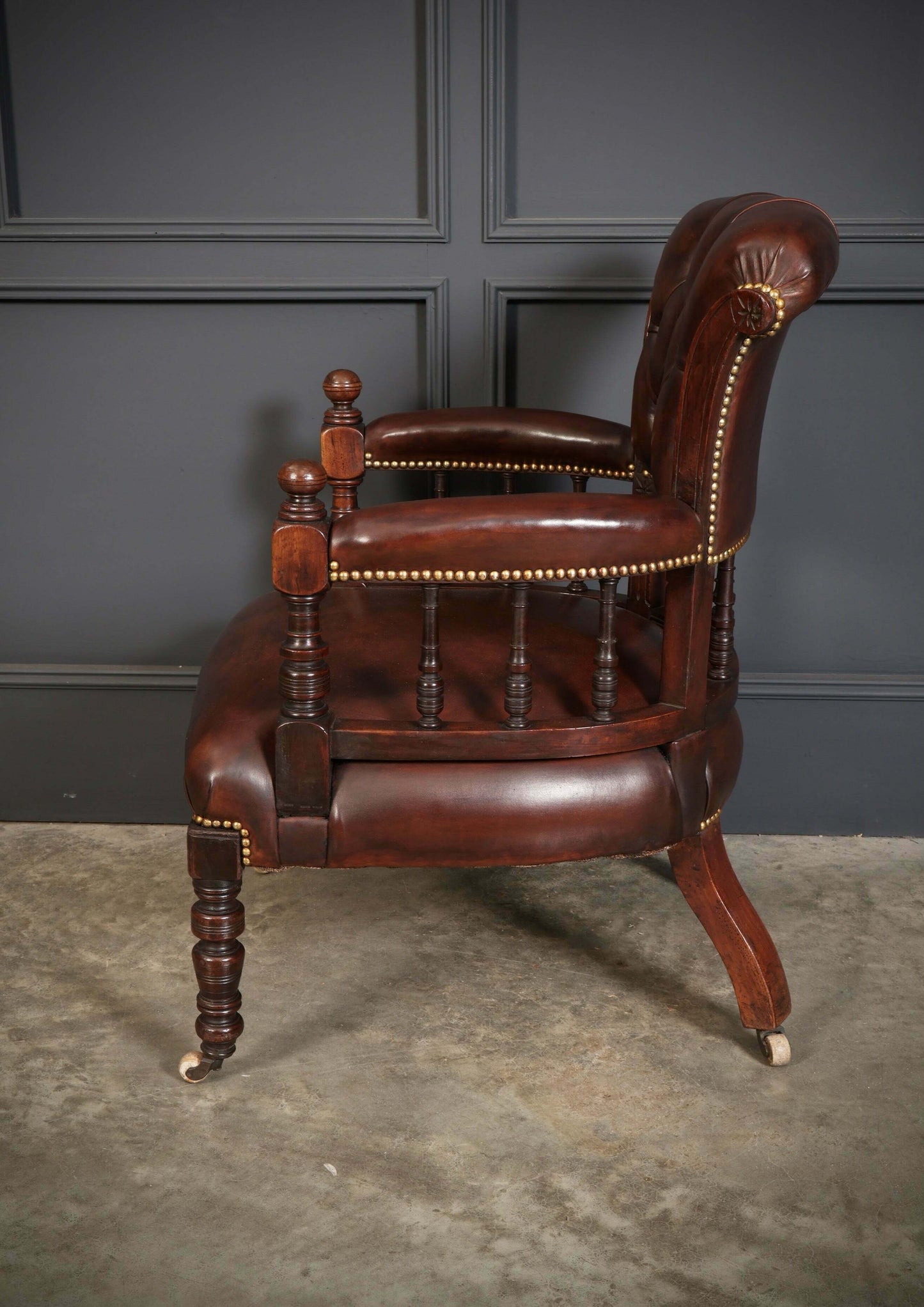 Pair Of Vintage Victorian Mahogany & Buttoned Leather Captains Desk Chairs