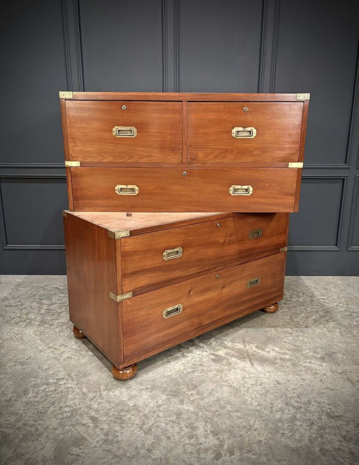 Vintage Tall Boy Mahogany Military Campaign Secretaire Chest