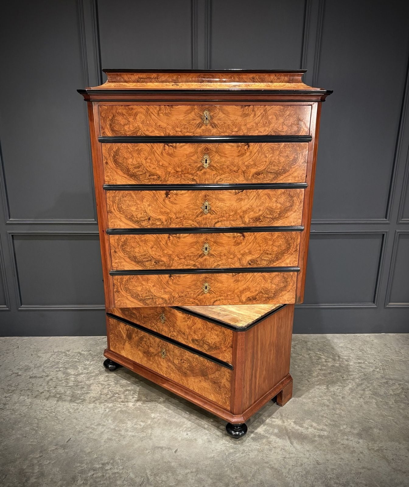 19th Century Walnut Tall Boy Art Deco Chest Of Drawers