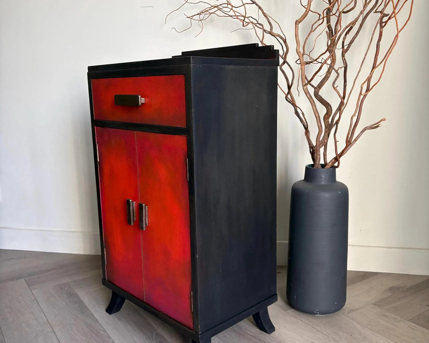 Red & Bronze Art Deco Cabinet | Hand Painted Storage Cupboard | Delivery Included