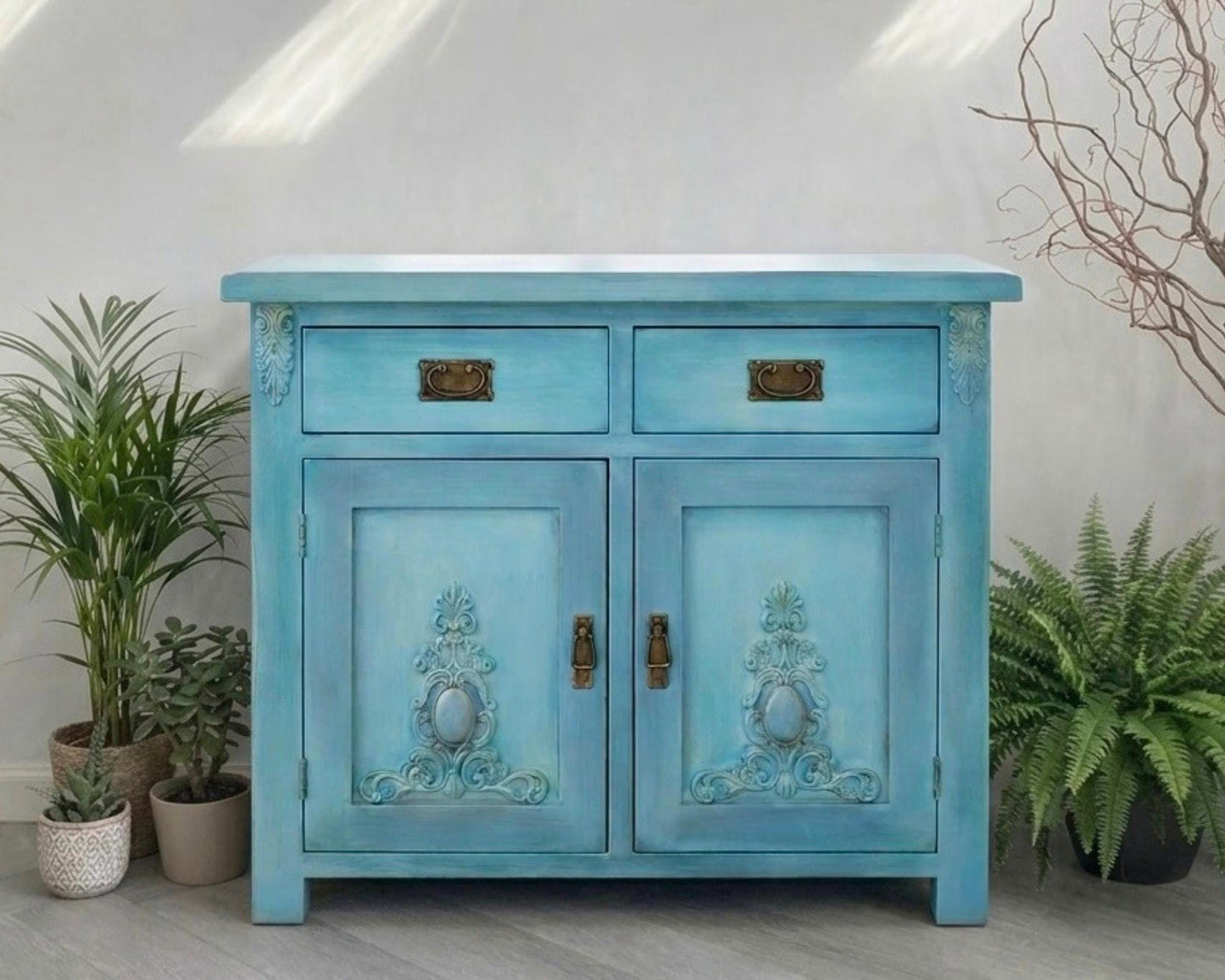 Turquoise & Blue Oak Sideboard | Cabinet, Storage Cupboard Hand Painted