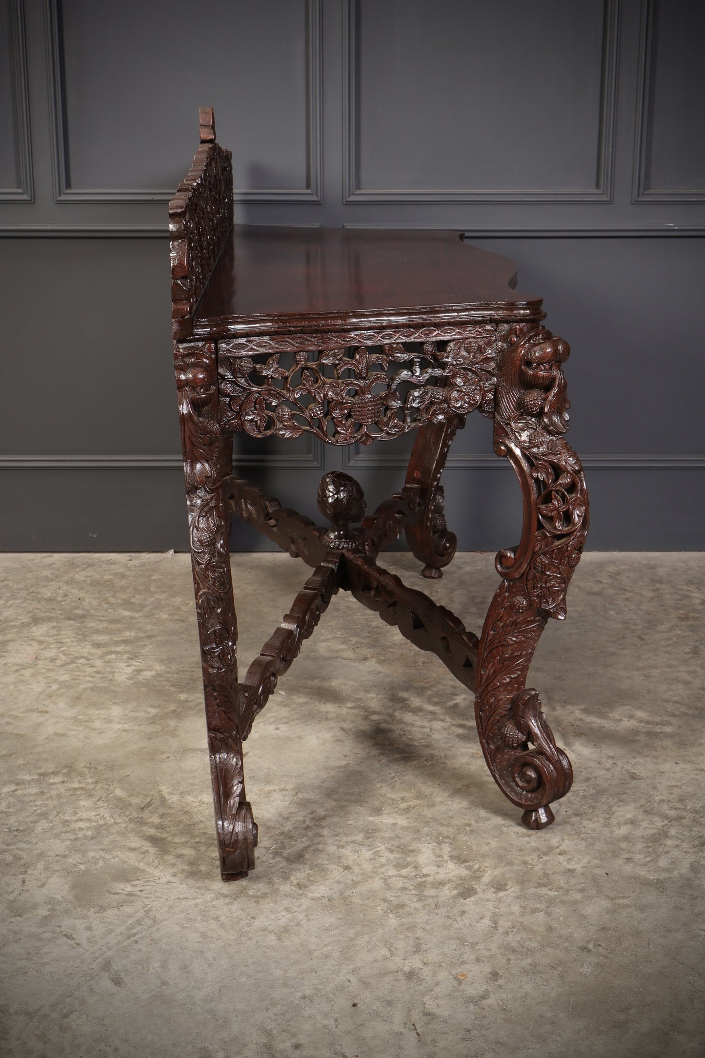 Antique Gothic Burmese Carved Padauk Wood Side Table