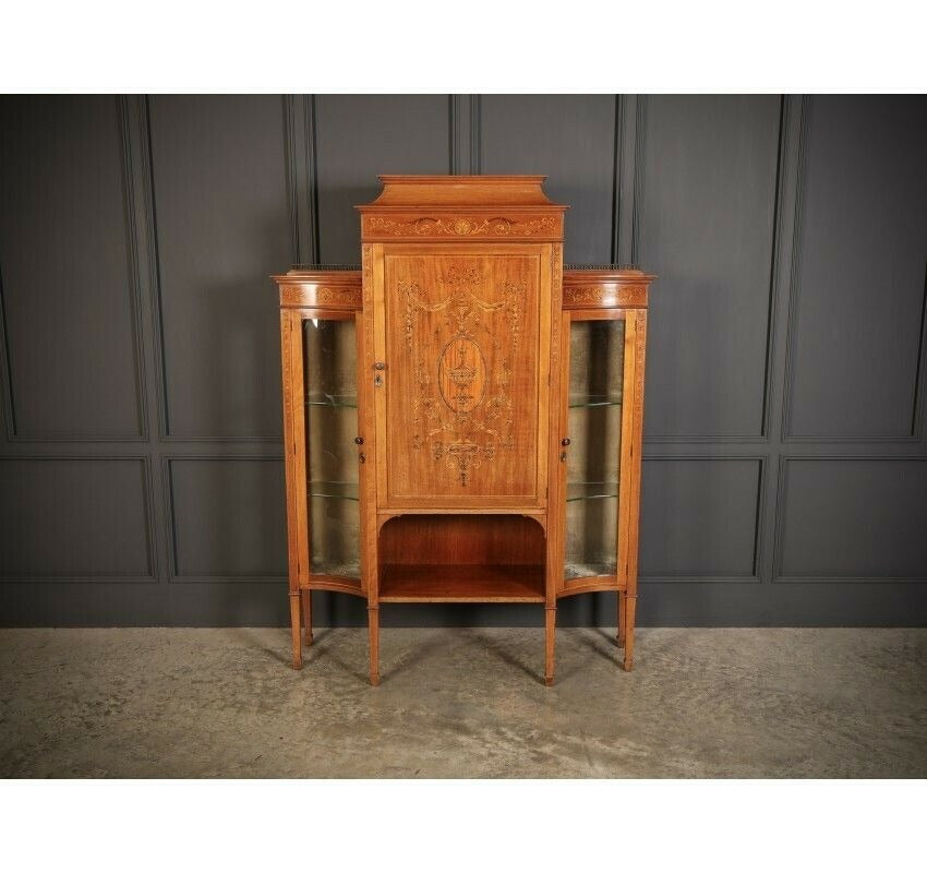 Vintage Edwardian Marquetry Inlaid Mahogany Glazed Display Cabinet