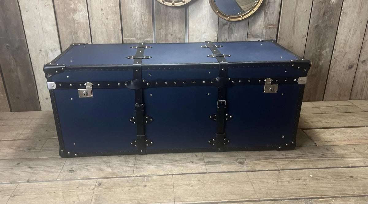 Handmade Leather Blue Ottoman Vintage Storage Chests, Custom Made Furniture