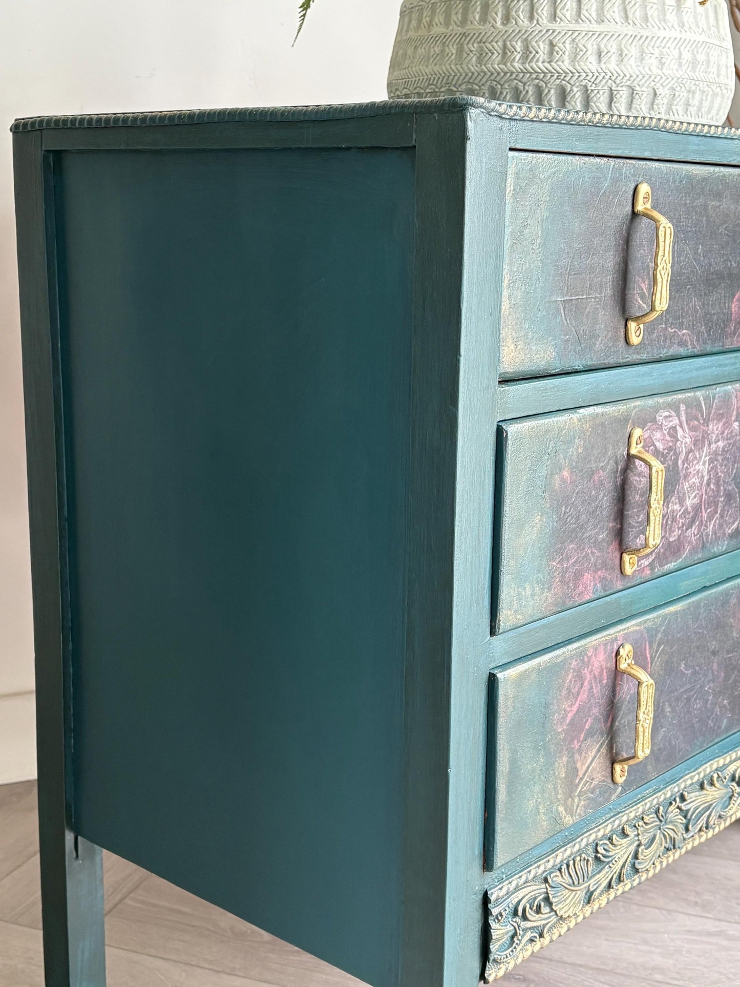Dark Green and Floral Vintage Oak Chest of Drawers | Hand Painted Dresser