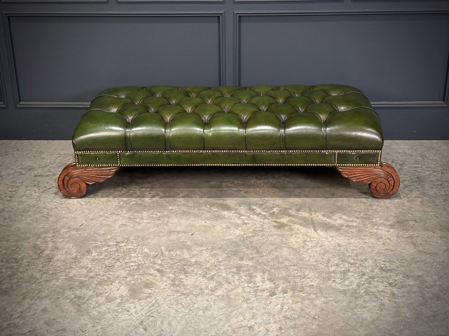 Vintage Regency Green Buttoned Leather Footstool