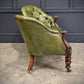 Vintage Victorian Green Buttoned Leather Double Spoon Back Sofa