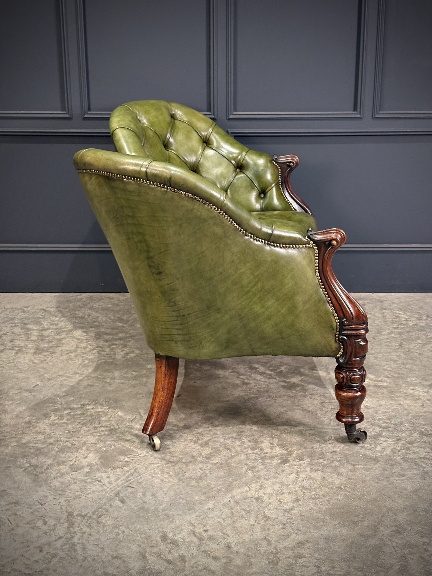 Vintage Victorian Green Buttoned Leather Double Spoon Back Sofa