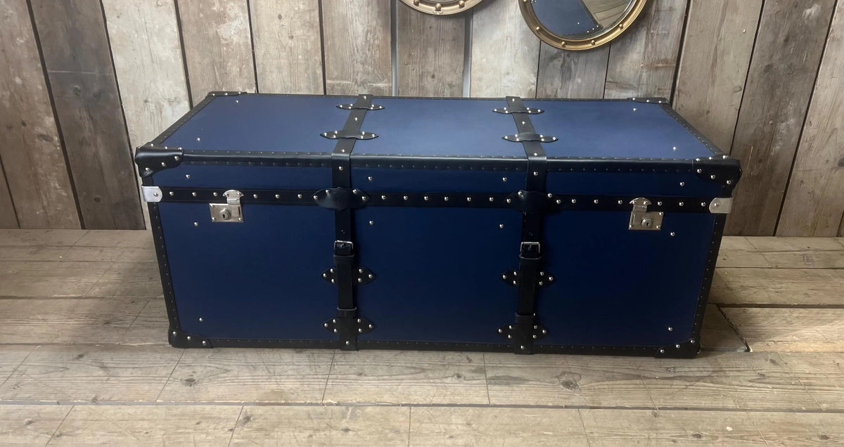 Handmade Leather Blue Ottoman Vintage Storage Chests, Custom Made Furniture