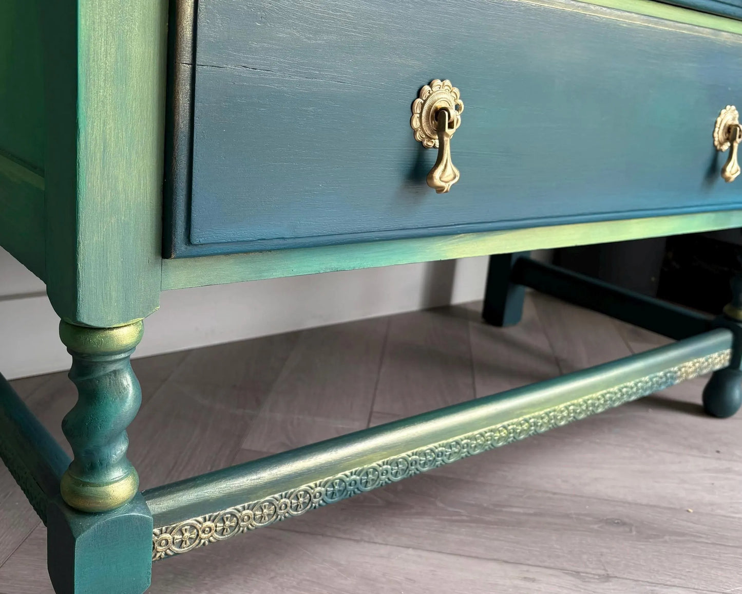 Teal Green Vintage Hand Painted Chest of Drawers | 1930s Oak Dresser | Upcycled Statement Furniture