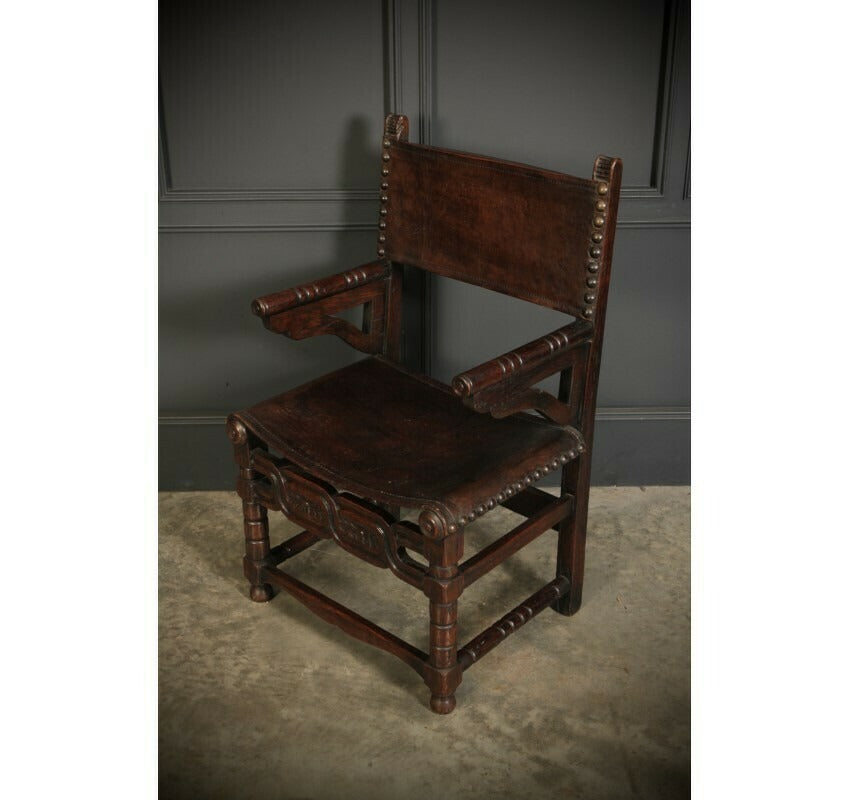 Pair Of Oak And Leather Antique Armchairs