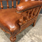 Pair Of Oak & Buttoned Vintage Leather Library Armchairs
