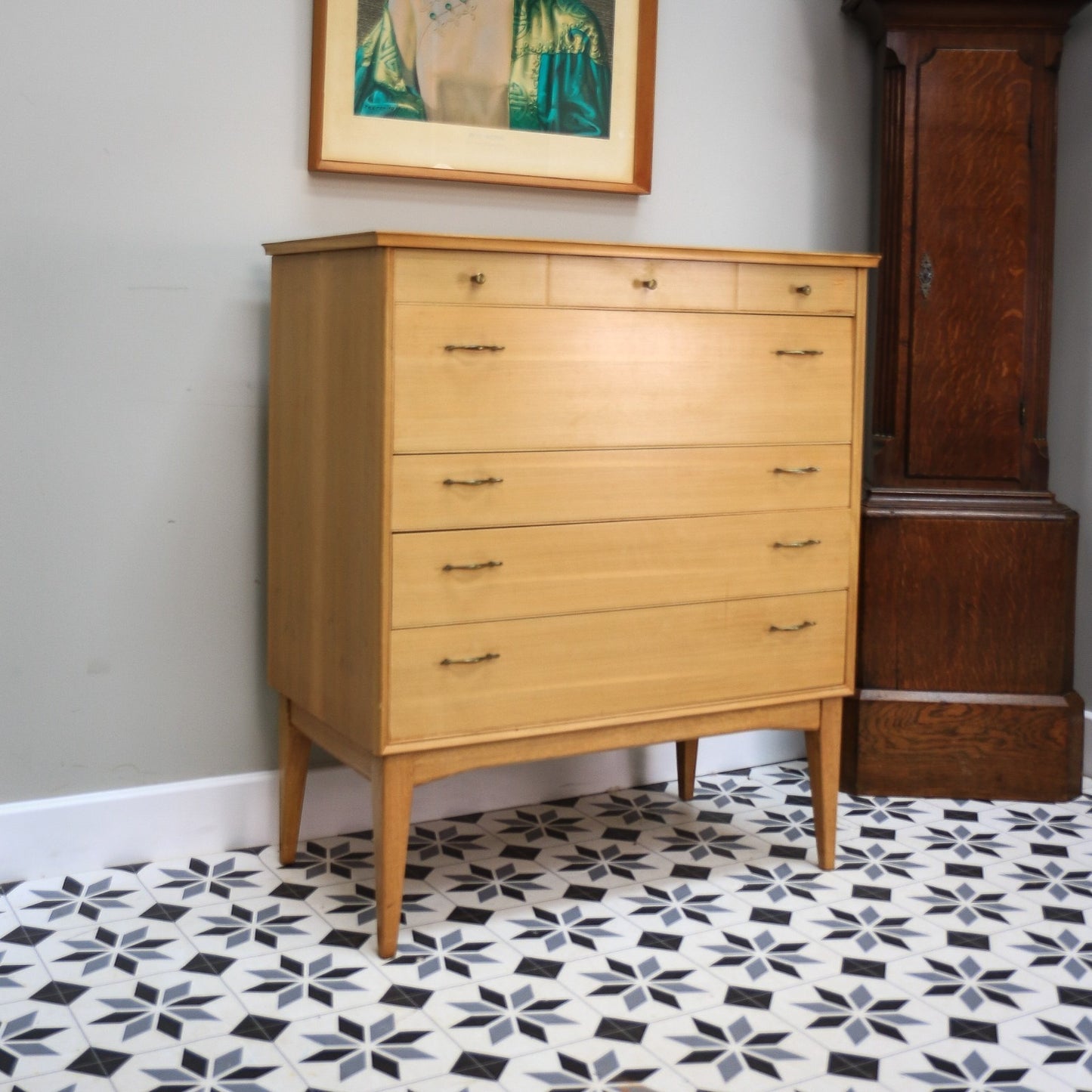 Alfred Cox Walnut Tallboy Chest of Drawers Five Drawers and Tapered Legs 1950s Heals