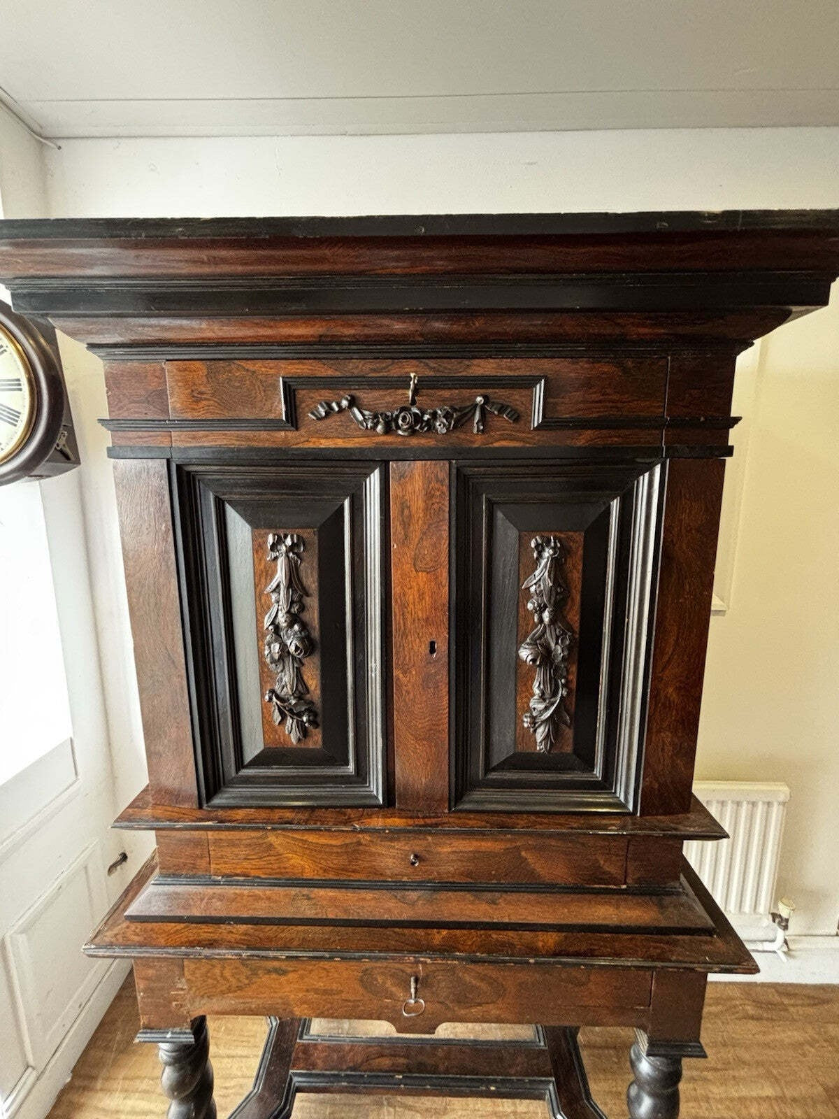 18th Century Gothic Drinks Cabinet On Stand, Lots Of Drawers, Fitted Interior & Pigeon Holes