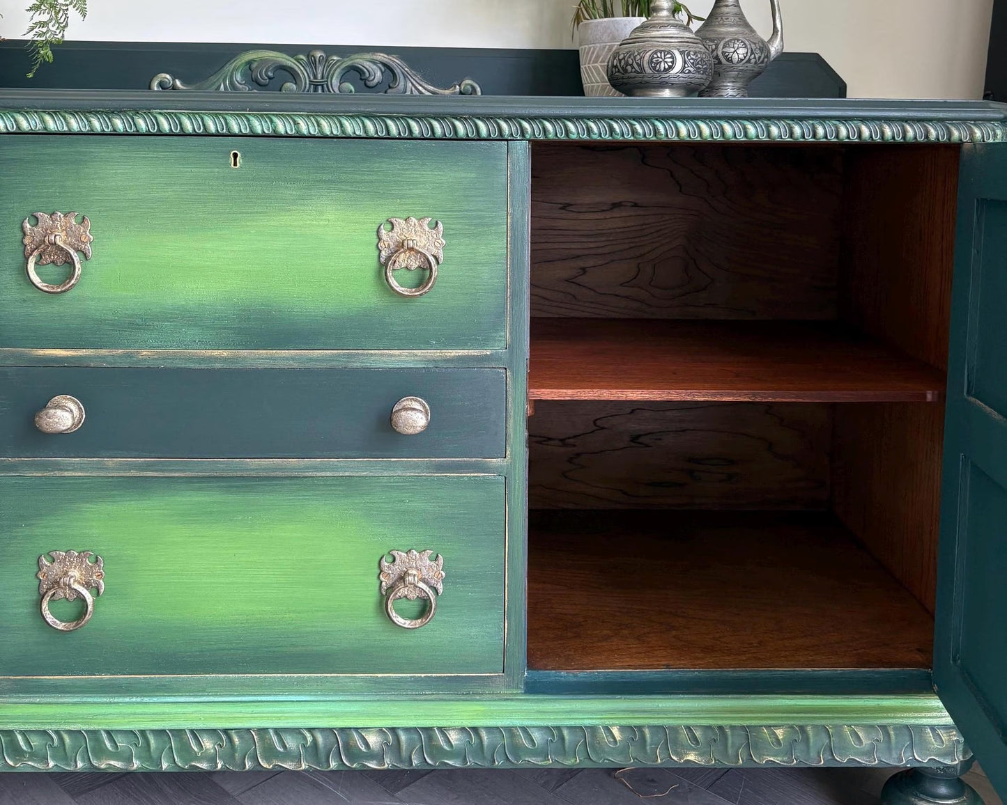 Hand Painted Oak Sideboard | Upcycled Dark Green Storage Vintage Cabinet