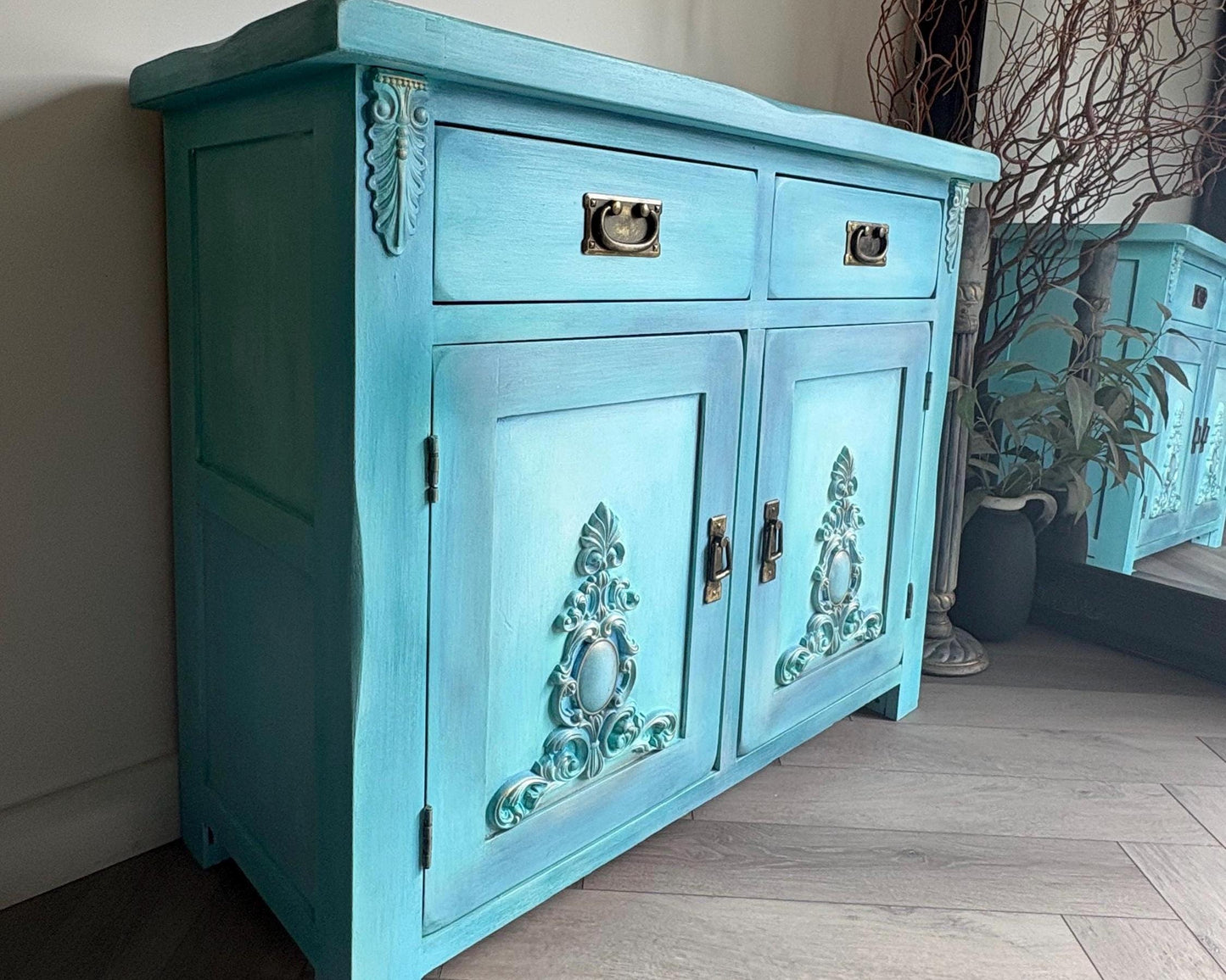 Turquoise & Blue Oak Sideboard | Cabinet, Storage Cupboard Hand Painted