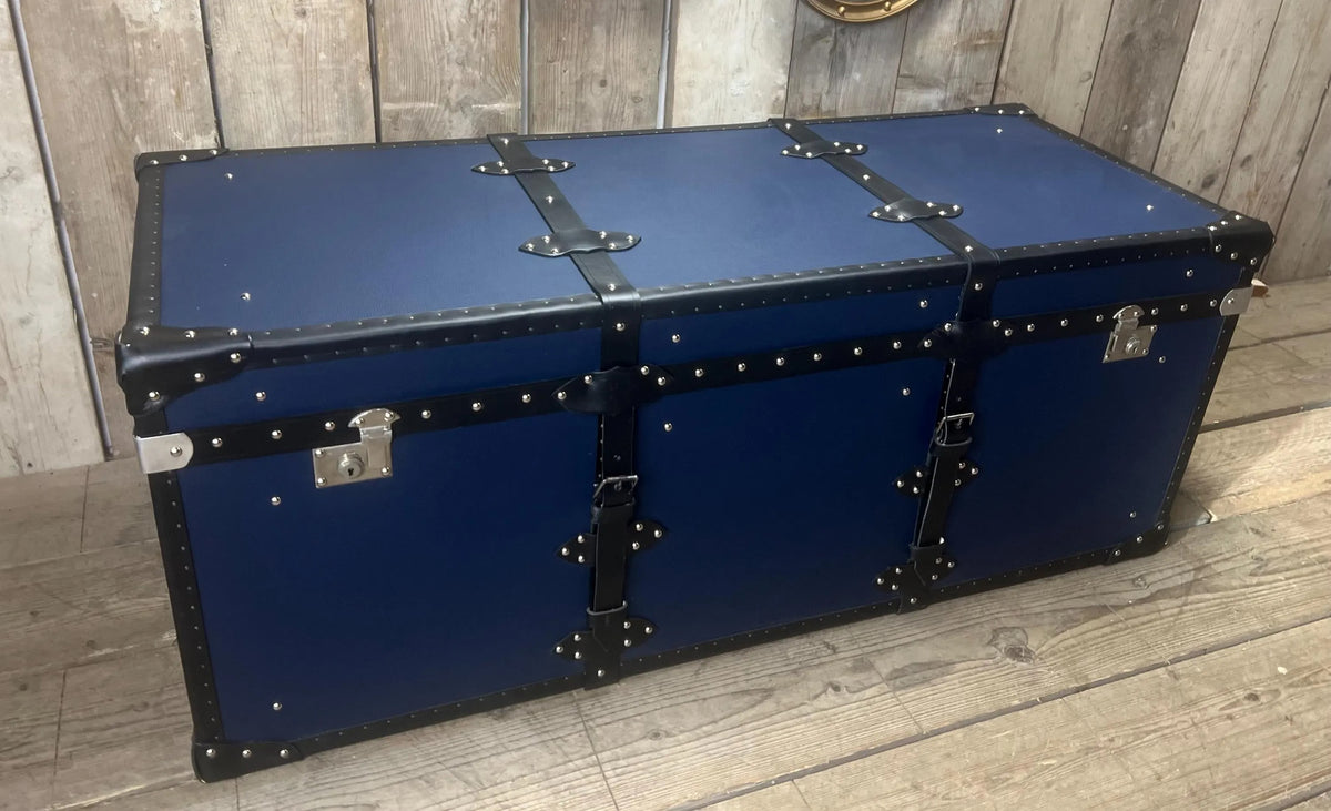 Handmade Leather Blue Ottoman Vintage Storage Chests, Custom Made Furniture