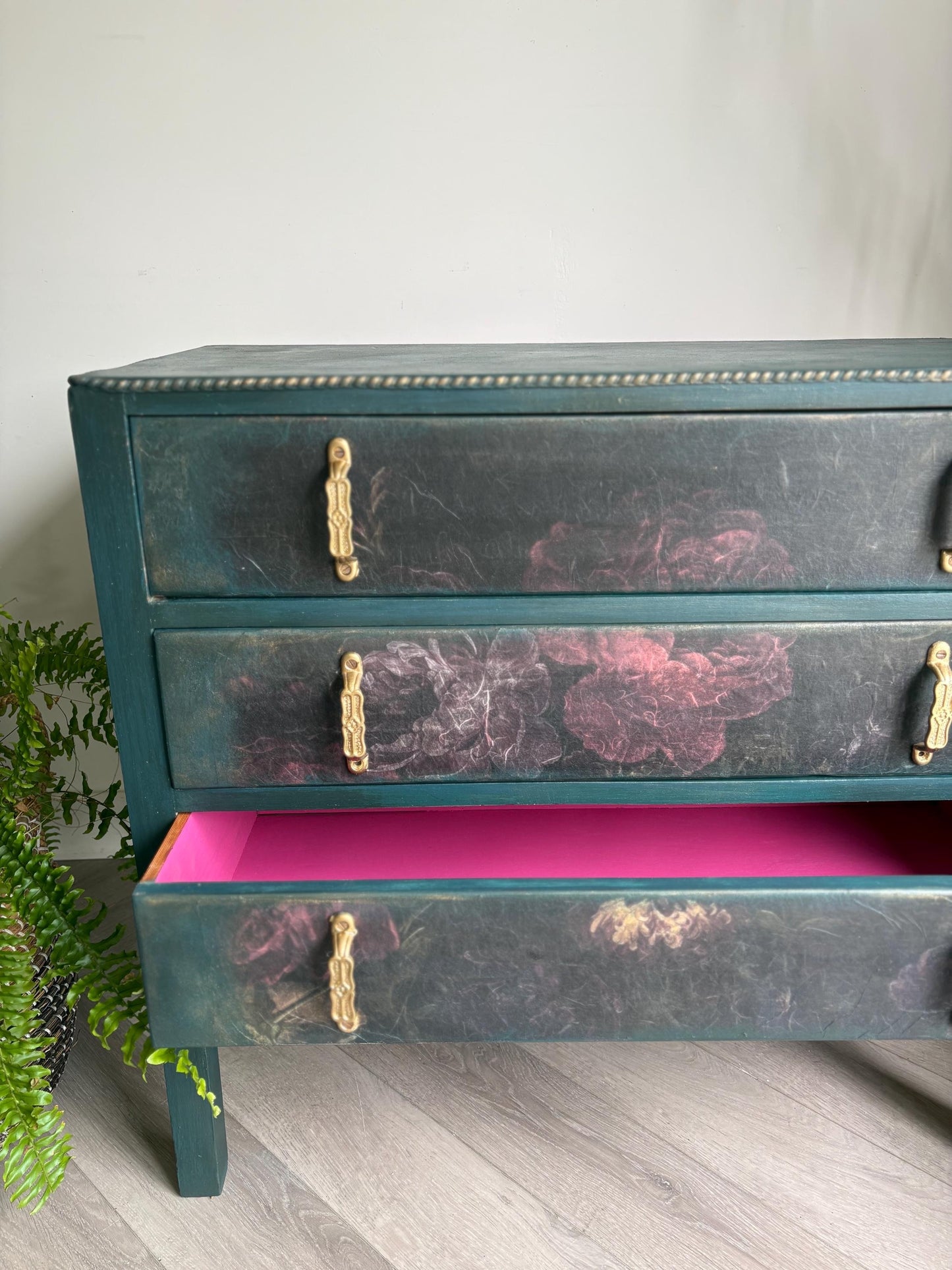 Dark Green and Floral Vintage Oak Chest of Drawers | Hand Painted Dresser