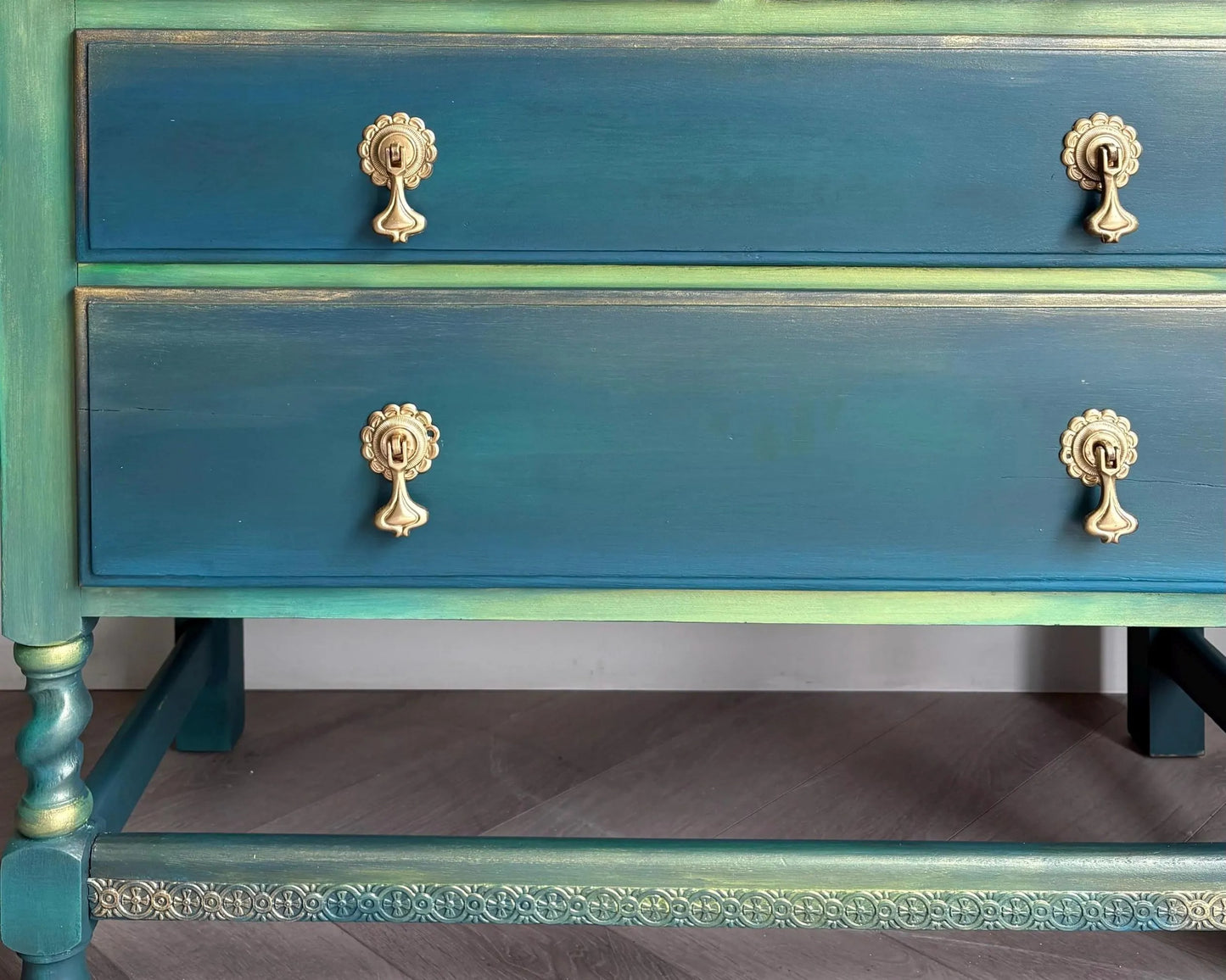 Teal Green Vintage Hand Painted Chest of Drawers | 1930s Oak Dresser | Upcycled Statement Furniture