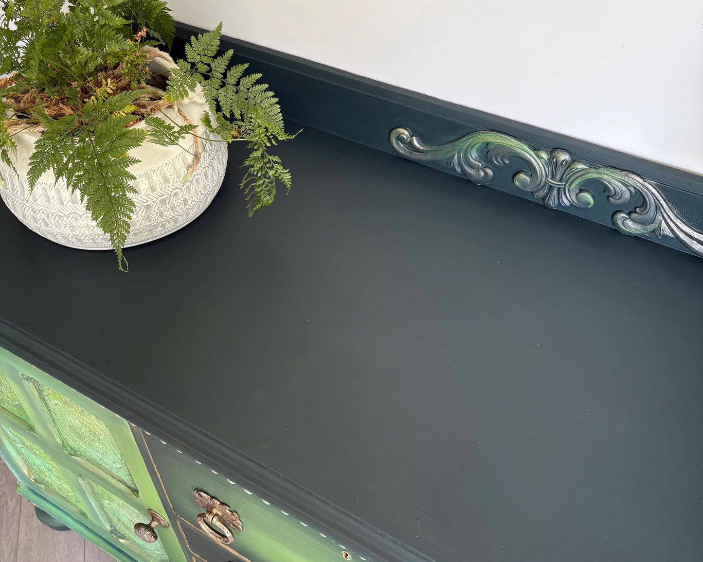 Hand Painted Oak Sideboard | Upcycled Dark Green Storage Vintage Cabinet