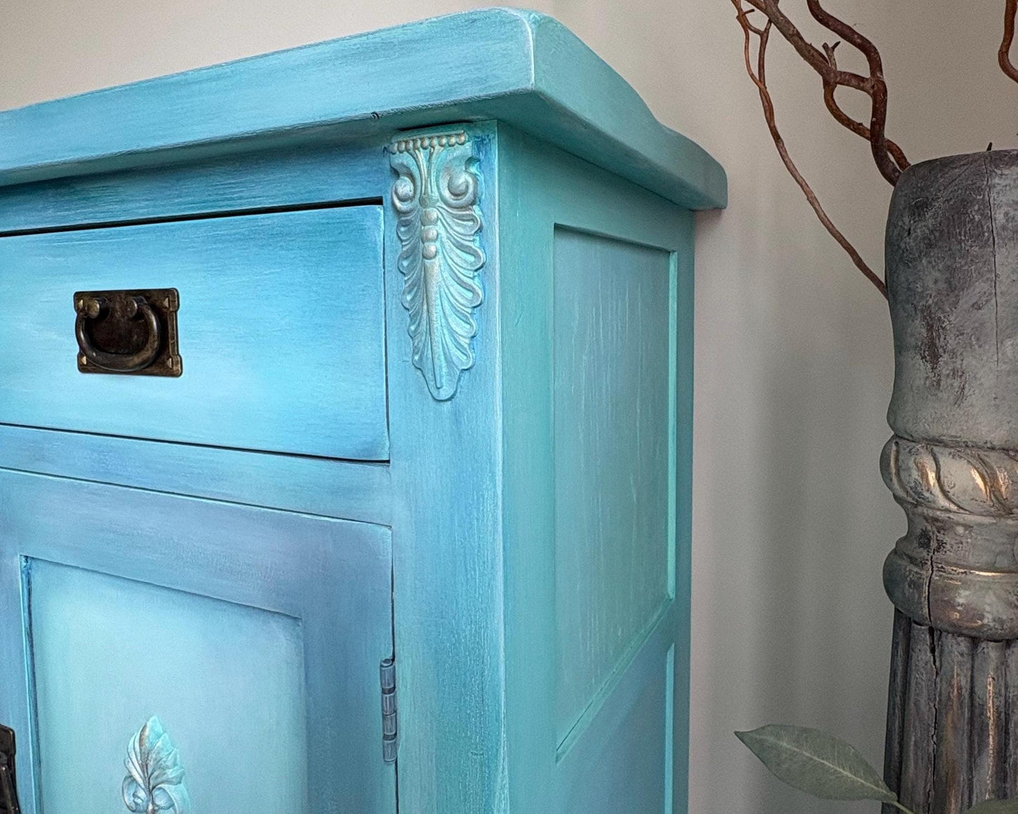 Turquoise & Blue Oak Sideboard | Cabinet, Storage Cupboard Hand Painted