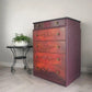 Red, Orange, Maroon Vintage Stag Chest of Drawers Upcycled – Hand-Painted