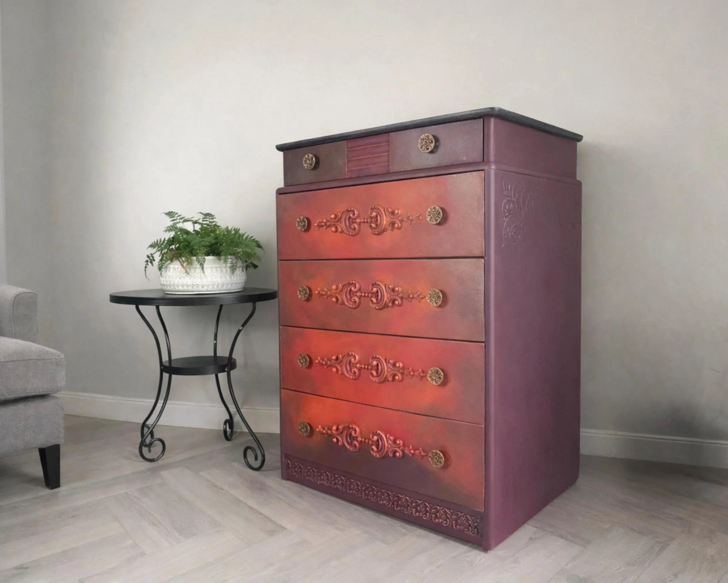 Red, Orange, Maroon Vintage Stag Chest of Drawers Upcycled – Hand-Painted