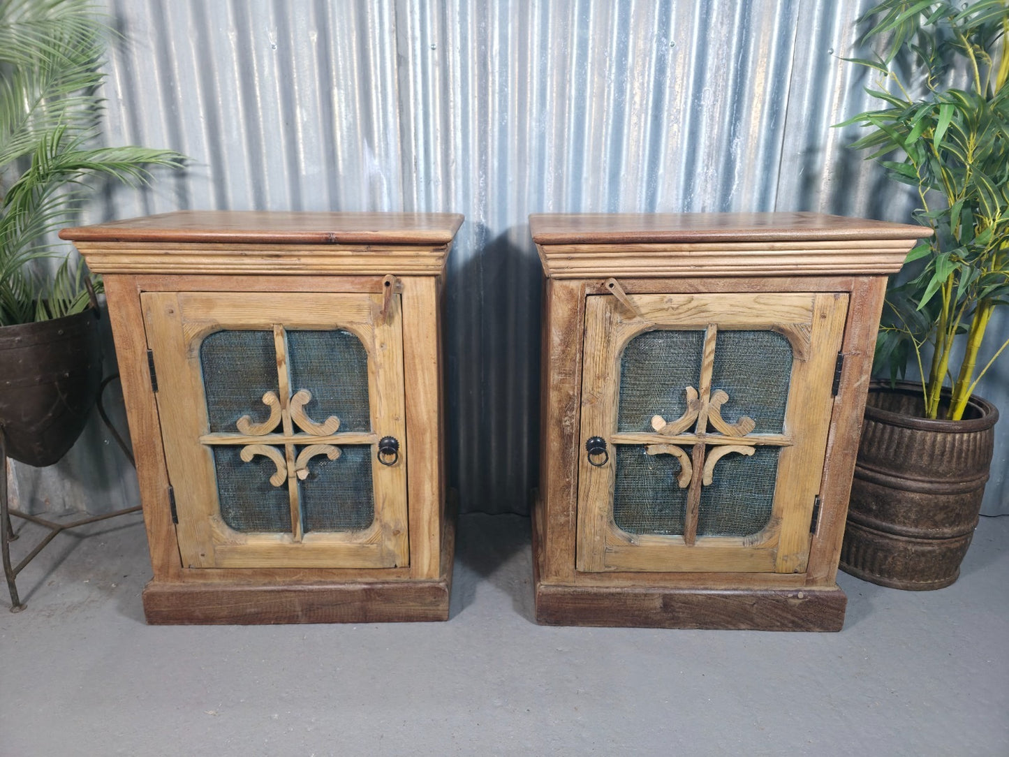 Vintage Solid Wooden Indian Carved Bedside Cupboards Cabinets