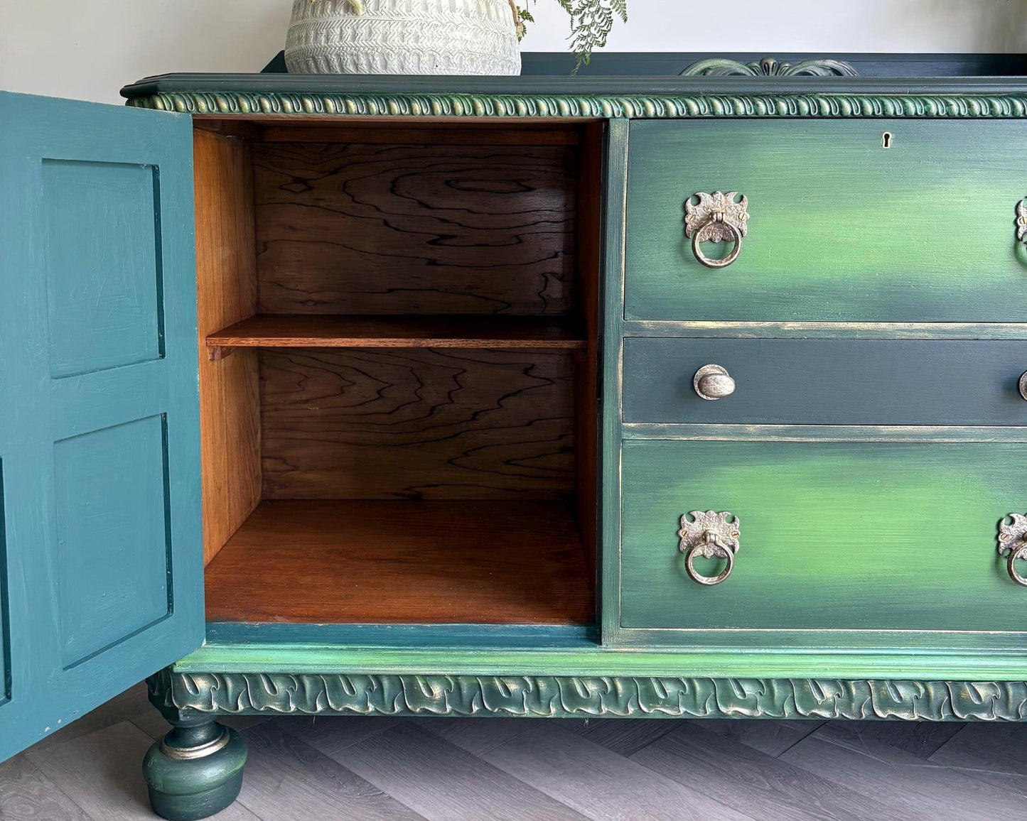 Hand Painted Oak Sideboard | Upcycled Dark Green Storage Vintage Cabinet