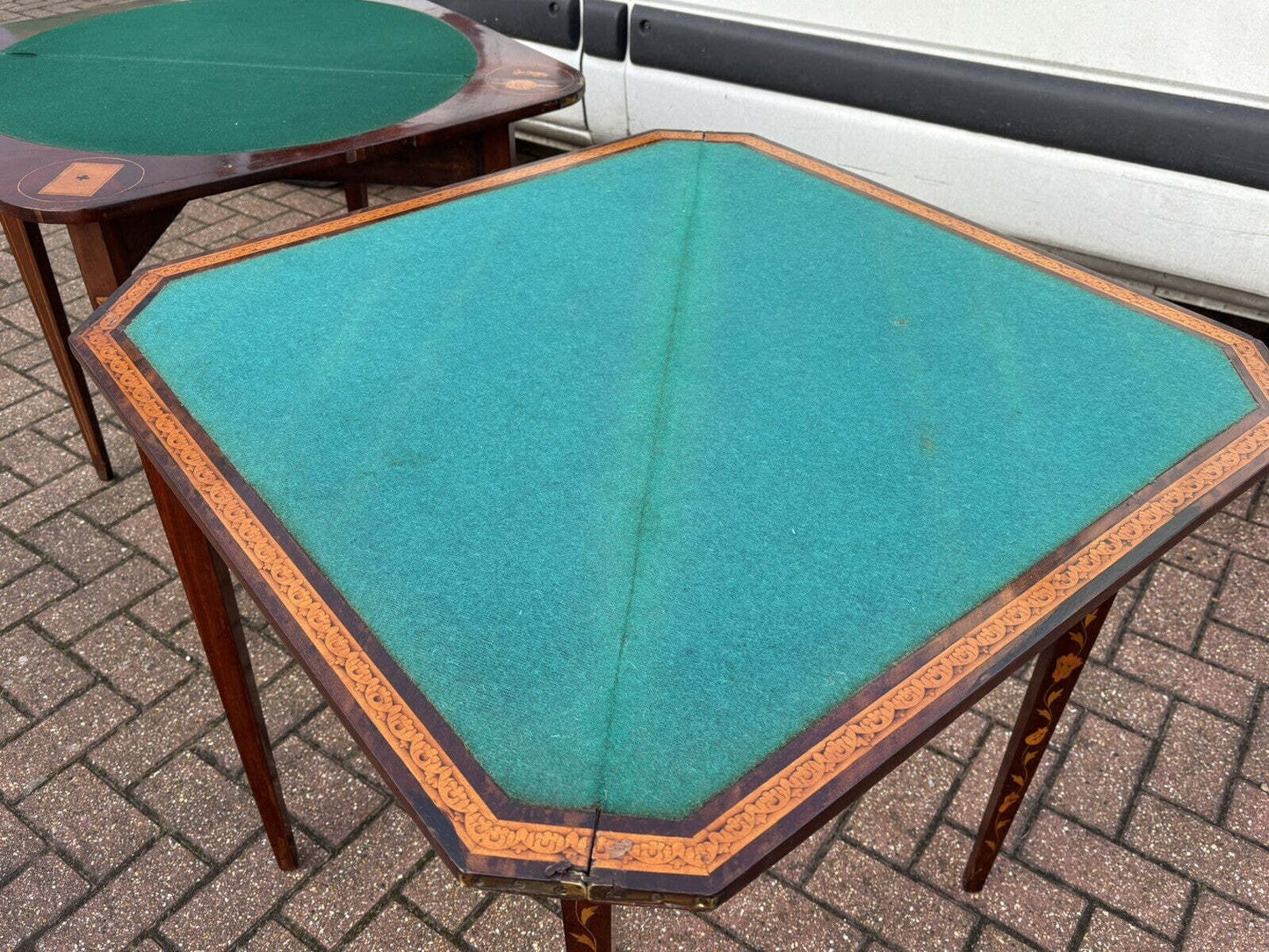 Pair 18th Century Dutch Marquetry Antique Games Tables, With Fold Over Lid & Card Playing Area