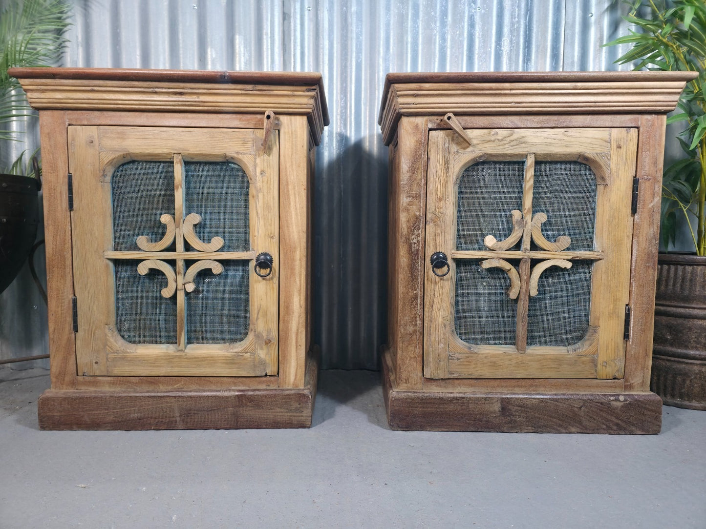 Vintage Solid Wooden Indian Carved Bedside Cupboards Cabinets