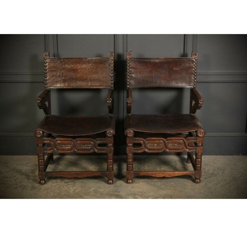 Pair Of Oak And Leather Antique Armchairs