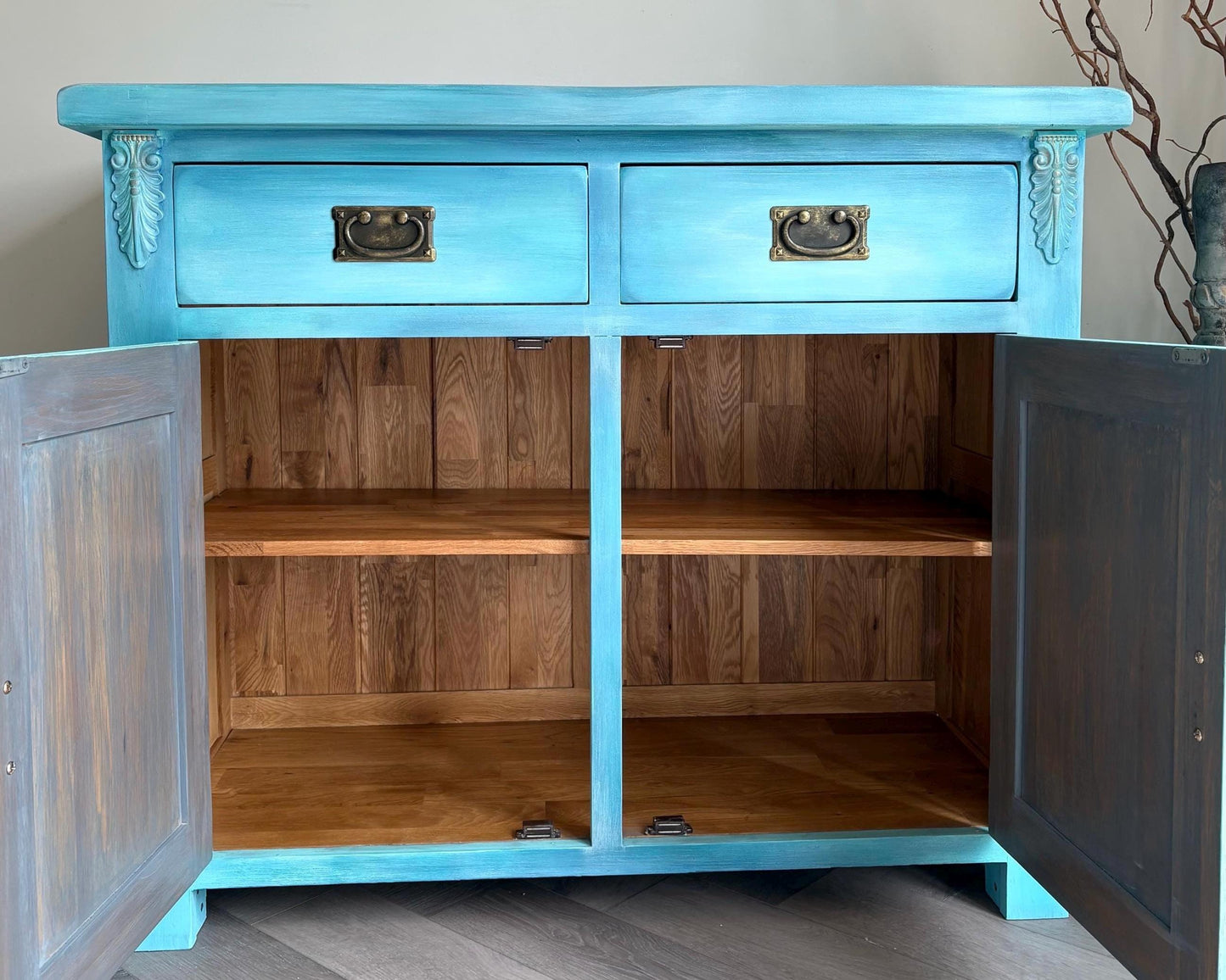 Turquoise & Blue Oak Sideboard | Cabinet, Storage Cupboard Hand Painted
