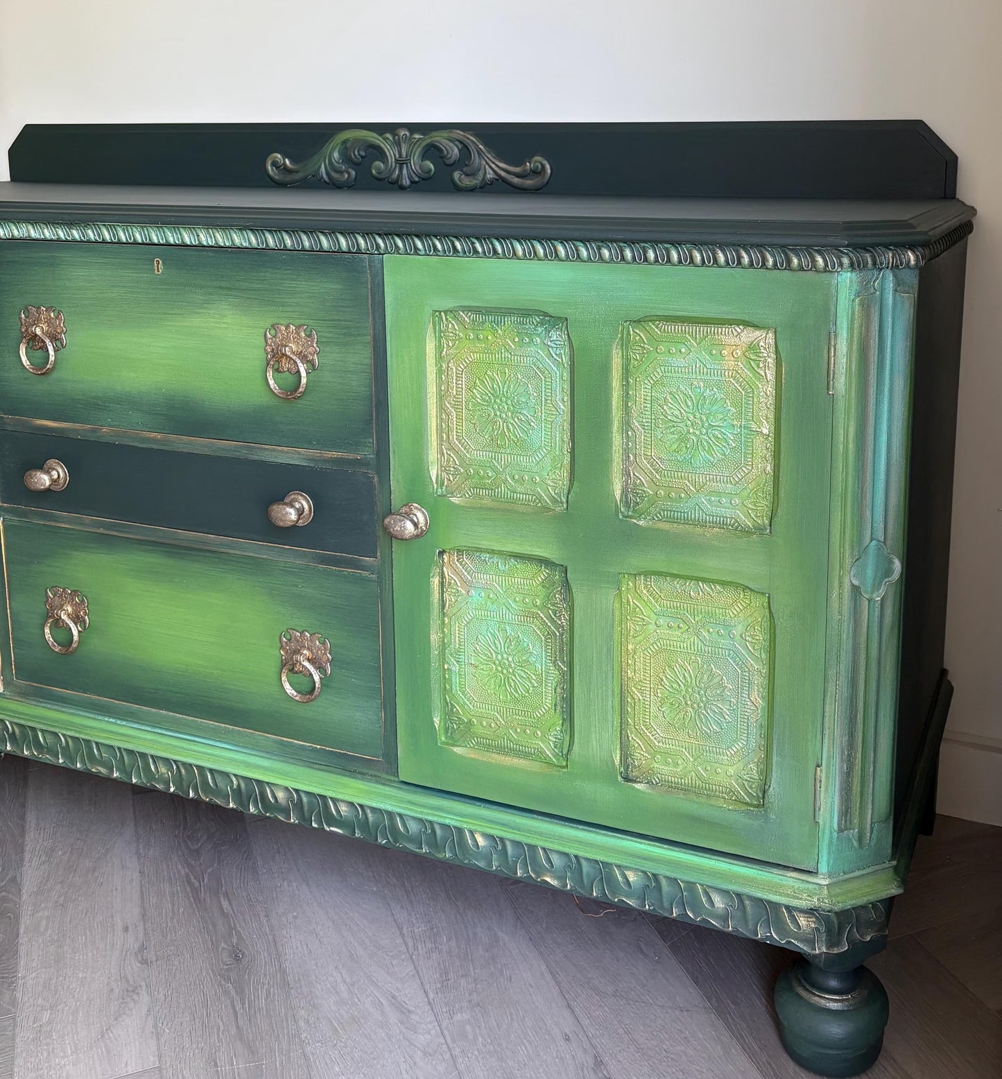Hand Painted Oak Sideboard | Upcycled Dark Green Storage Vintage Cabinet