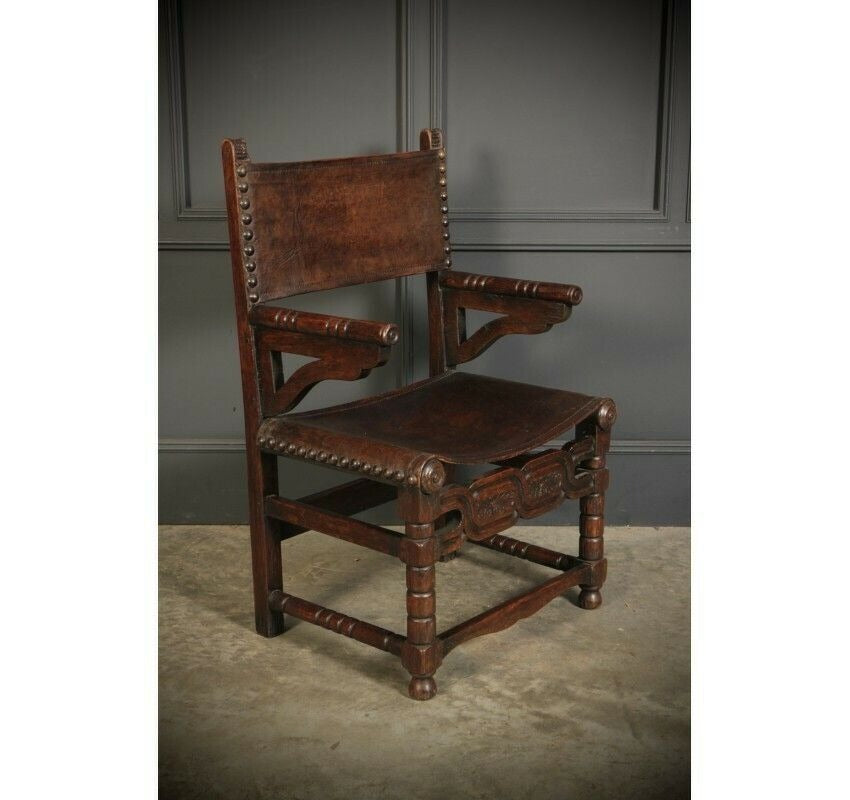 Pair Of Oak And Leather Antique Armchairs