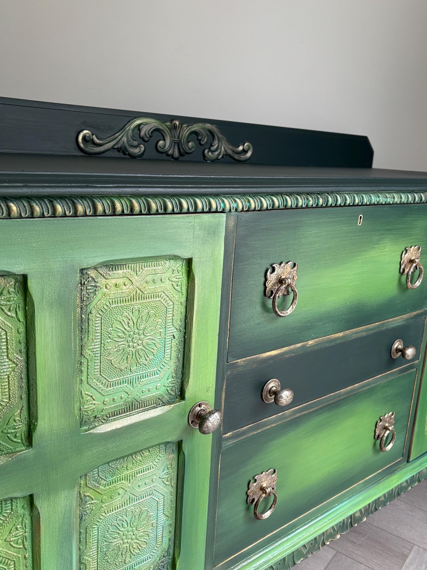 Hand Painted Oak Sideboard | Upcycled Dark Green Storage Vintage Cabinet