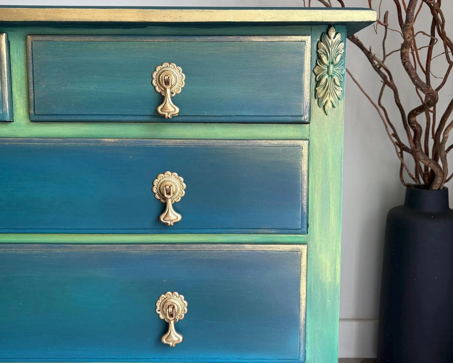 Teal Green Vintage Hand Painted Chest of Drawers | 1930s Oak Dresser | Upcycled Statement Furniture