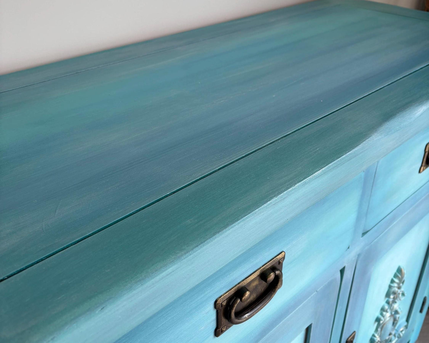 Turquoise & Blue Oak Sideboard | Cabinet, Storage Cupboard Hand Painted