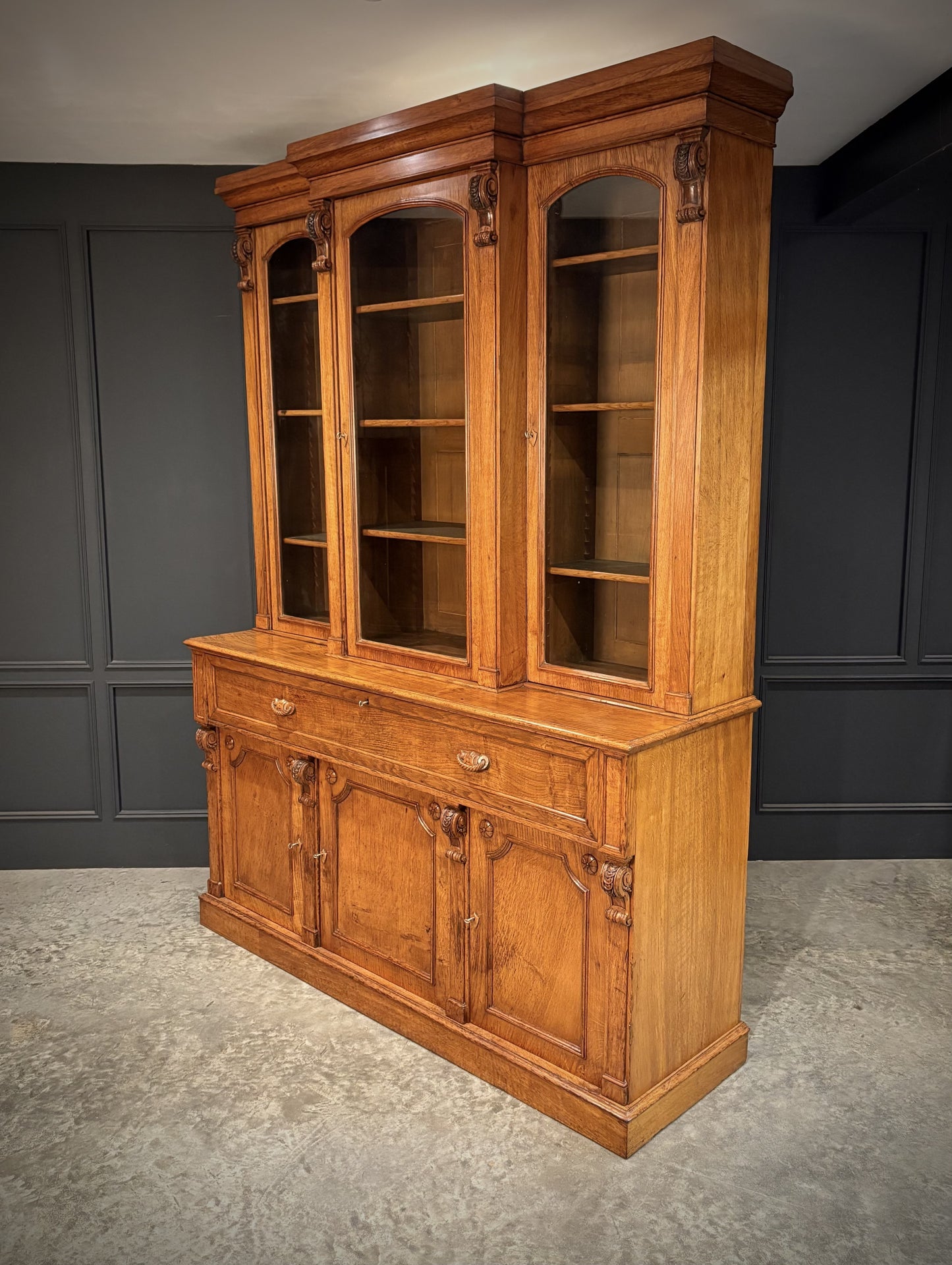 Large Vintage Early Victorian Breakfront Oak Bookcase